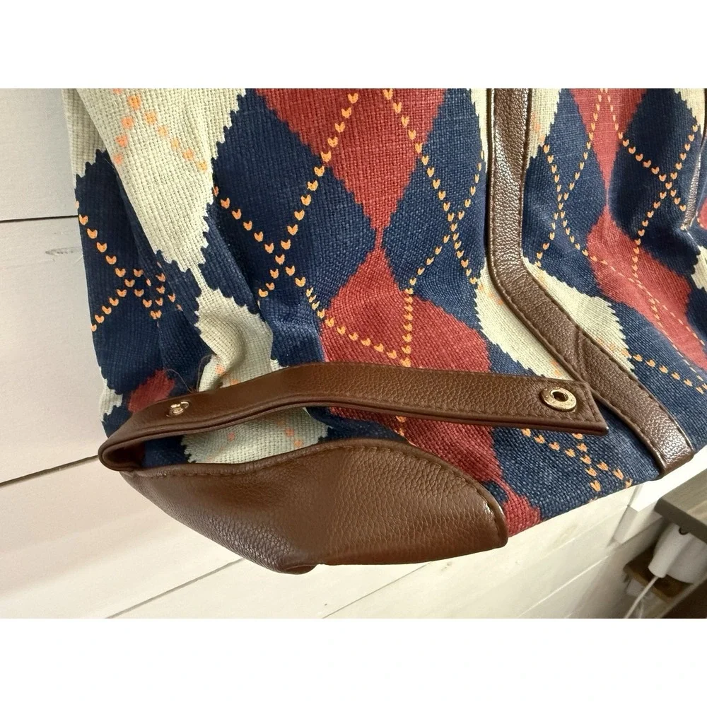 LULU DHARMA Stewart Blue Red Argyle Vegan‎ Leather Duffel Handbag NEW